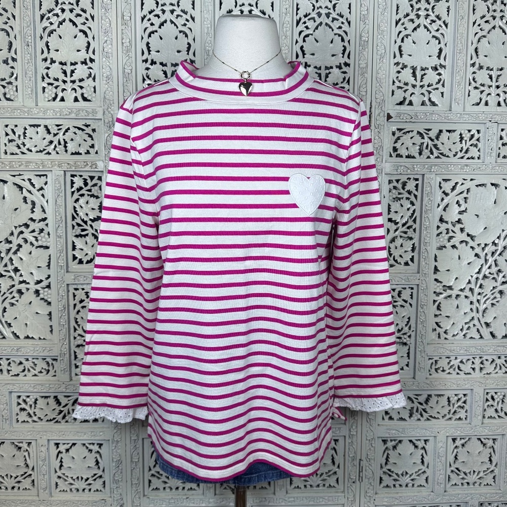 Talbots‎ Pink & White Striped Heart Coquette Mockneck Long Sleeve Top Sz L/XL